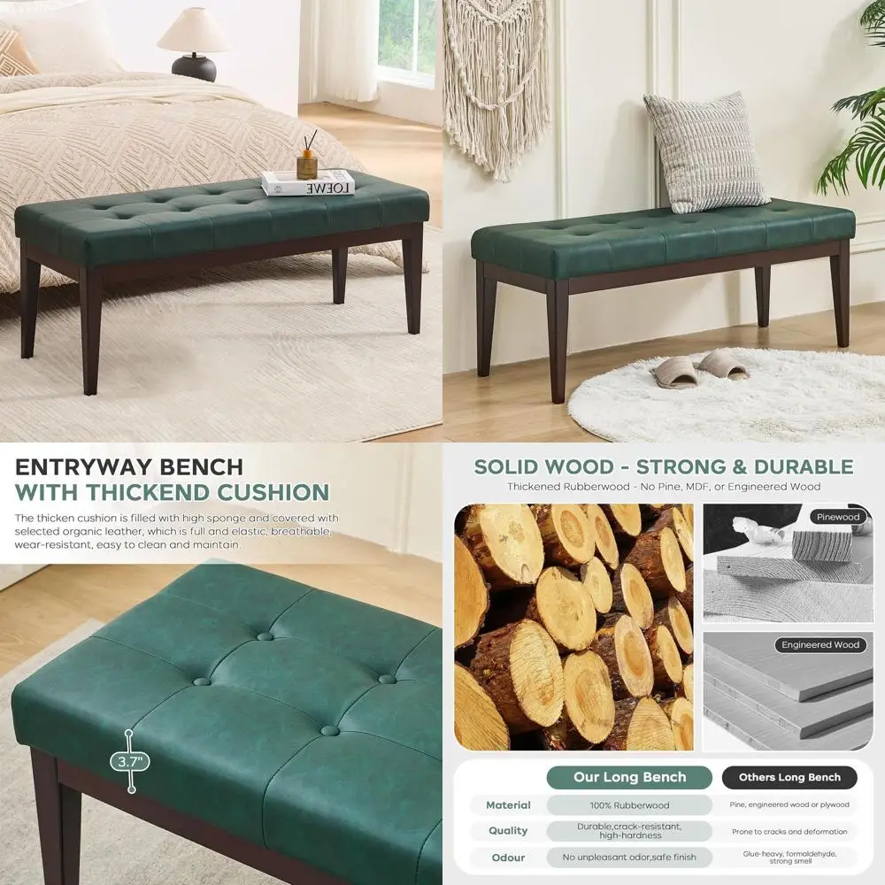 

Button Tufted Leather Ottoman Bench, Upholstered Entryway Seat, Living Room, Foyer, Dining Room, 47.2L x 17W x 17H, Green