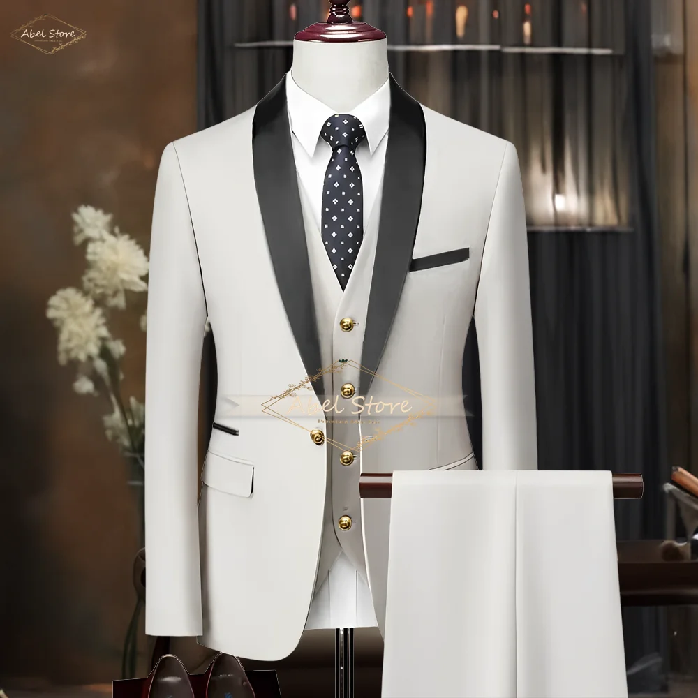 

Men's 3-piece suit, custom made wedding/ball/dinner stylish shawl collar gold button elegant tuxedo (jacket + vest + pants)