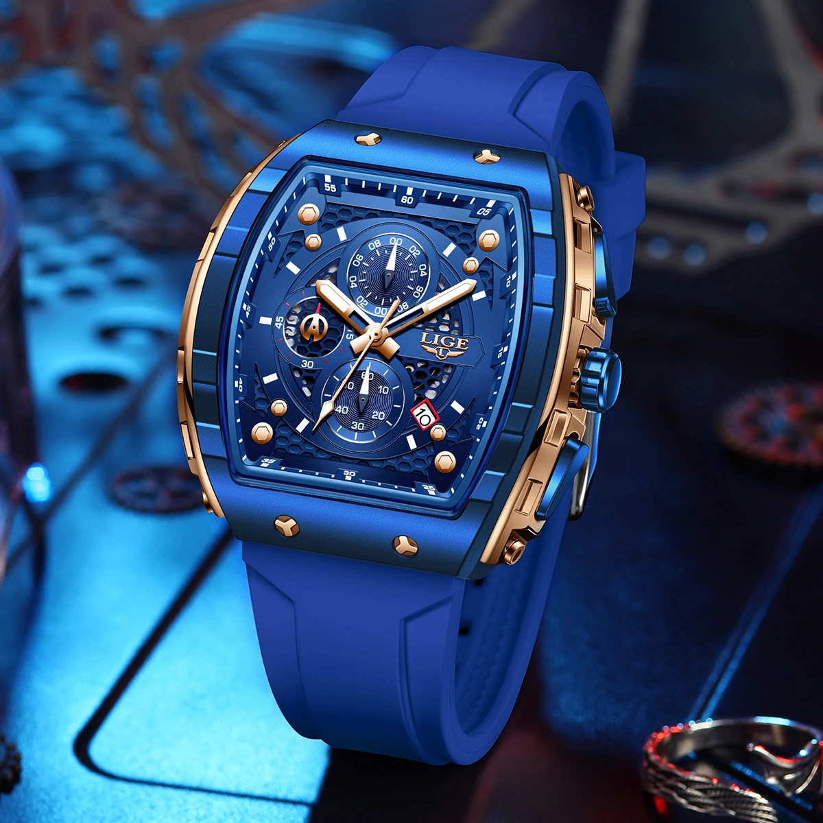 Reloj de pulsera LIGE para hombre, cronógrafo deportivo de silicona azul, relojes de cuarzo luminosos resistentes al agua para hombre, reloj con calendario automático