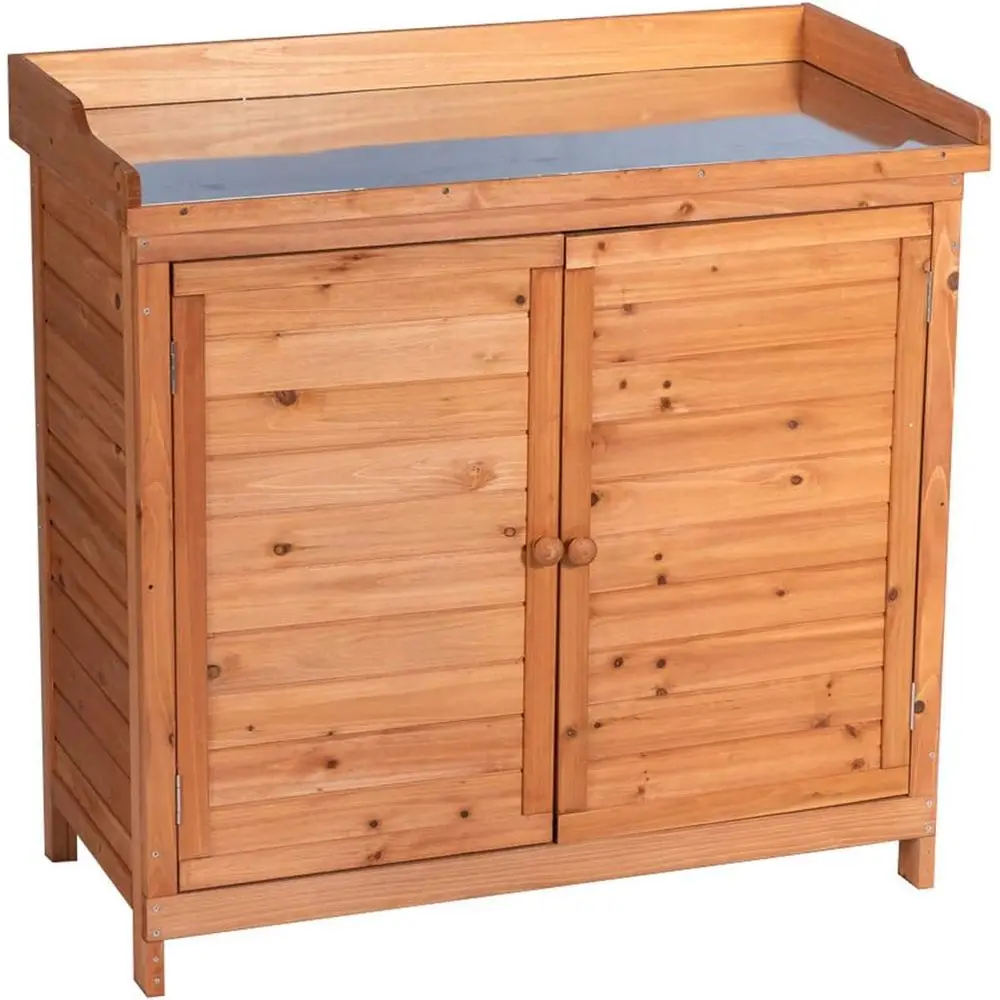 Outdoor Garden Patio Wooden Storage Cabinet Furniture Waterproof Tool Shed with Potting Benches Outdoor Work Station Table (Natu