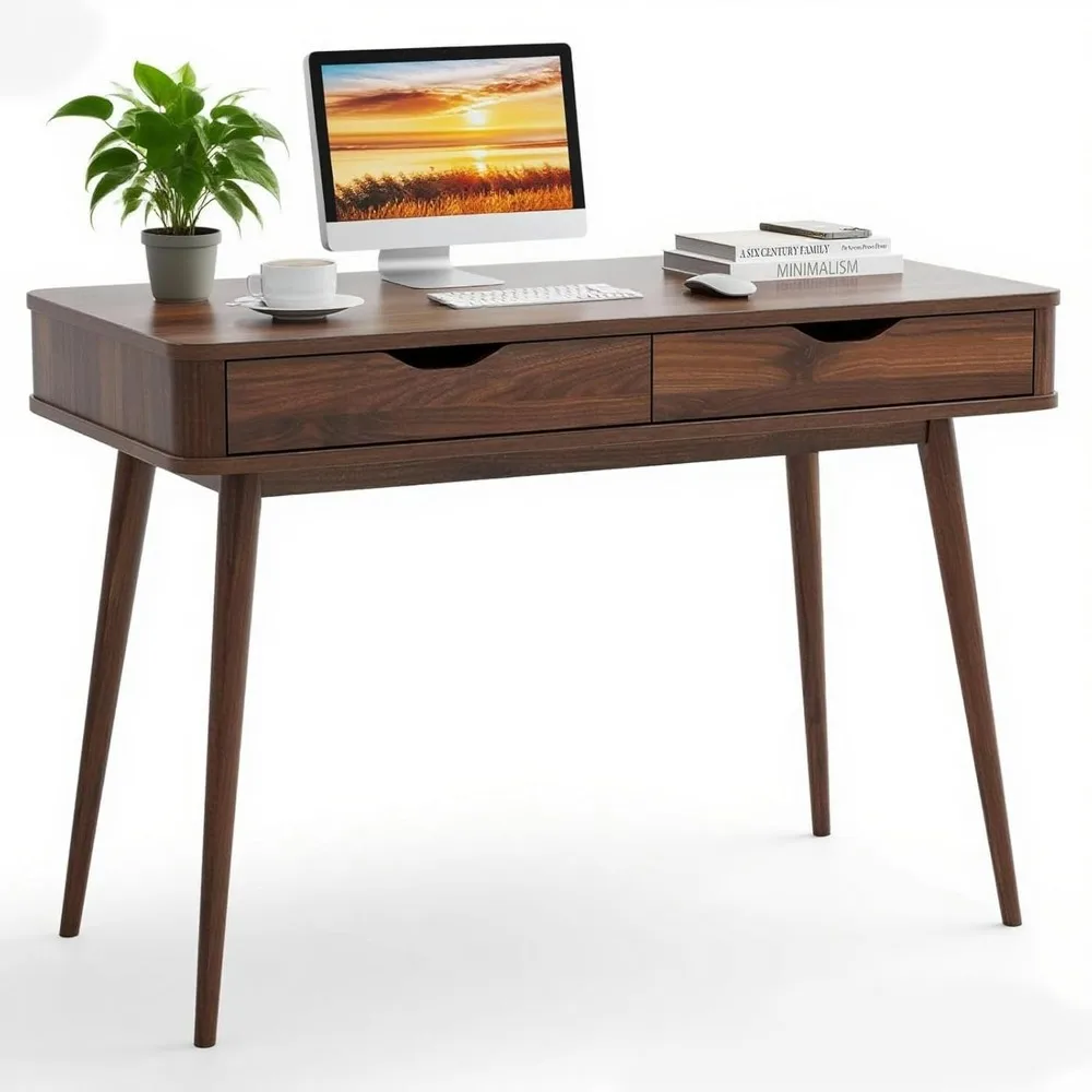 

Mid Century Office Desk with 2 Drawers - Vintage Writing Desk Computer Workstation with Sturdy Rubberwood Legs & Spacious 43.5"