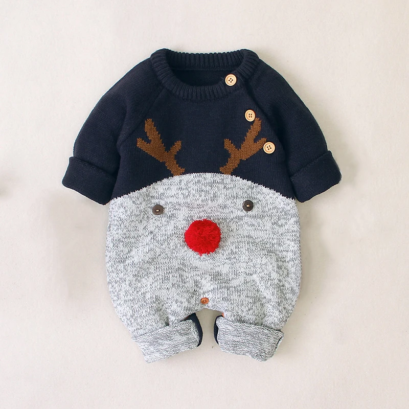 Baby Boy Girl Christmas Romper Rudolph Knitted Jumper Long Sleeve Sweater Playsuit Red-nose Reindeer Knit Jumpsuit for 0-2 Yrs