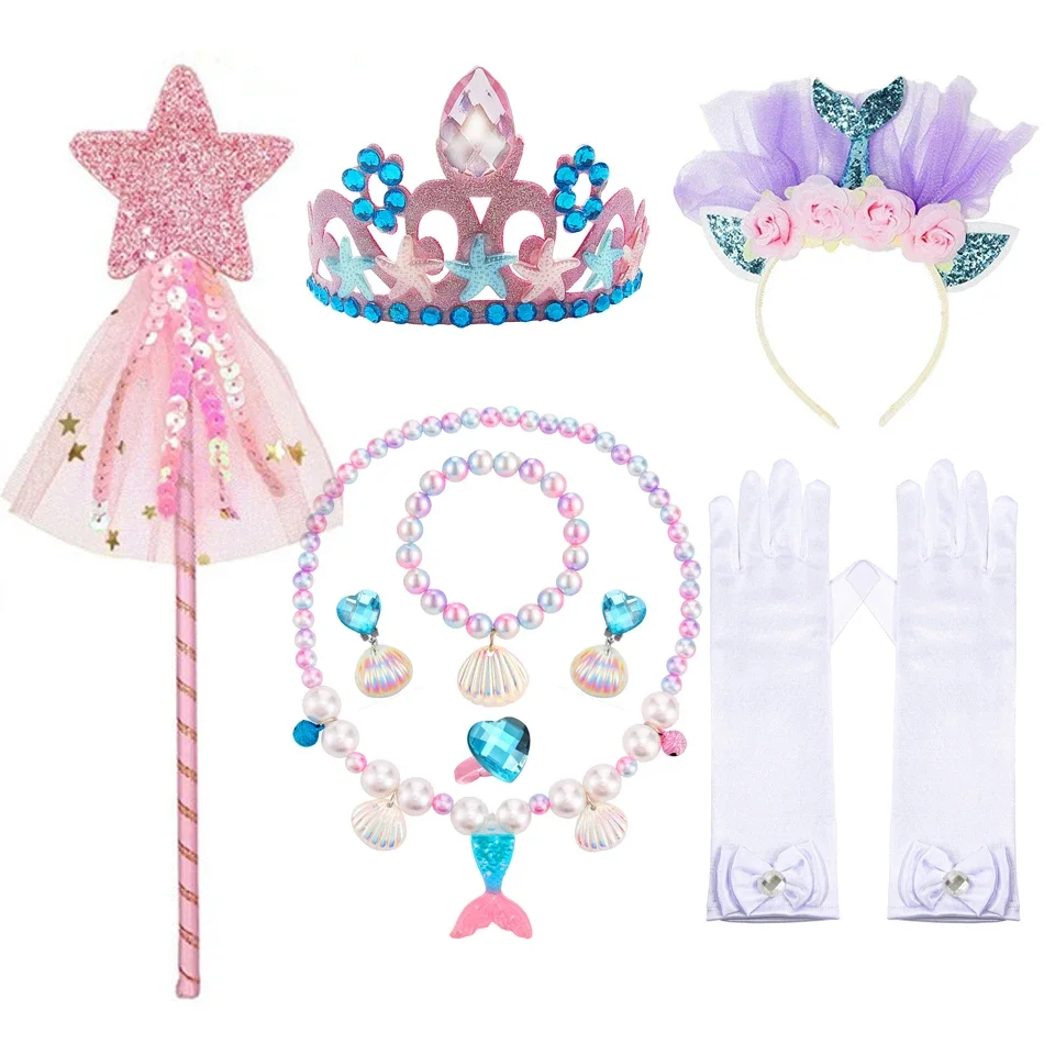 Mermaid Accessories Gloves Wand Crown Jewelry Set Wig Necklace Braid for Princess Dress Clothing Cosplay Halloween Birthday