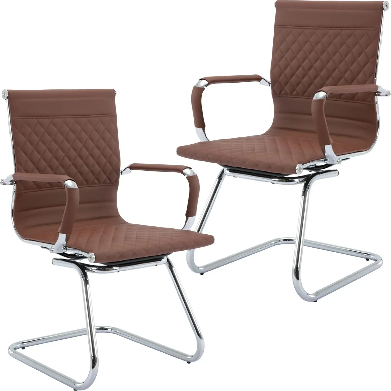 

Modern Office Chairs Set Of 2, Brown Faux Leather, Ergonomic, Adjustable Height, Conference Room, Reception Area