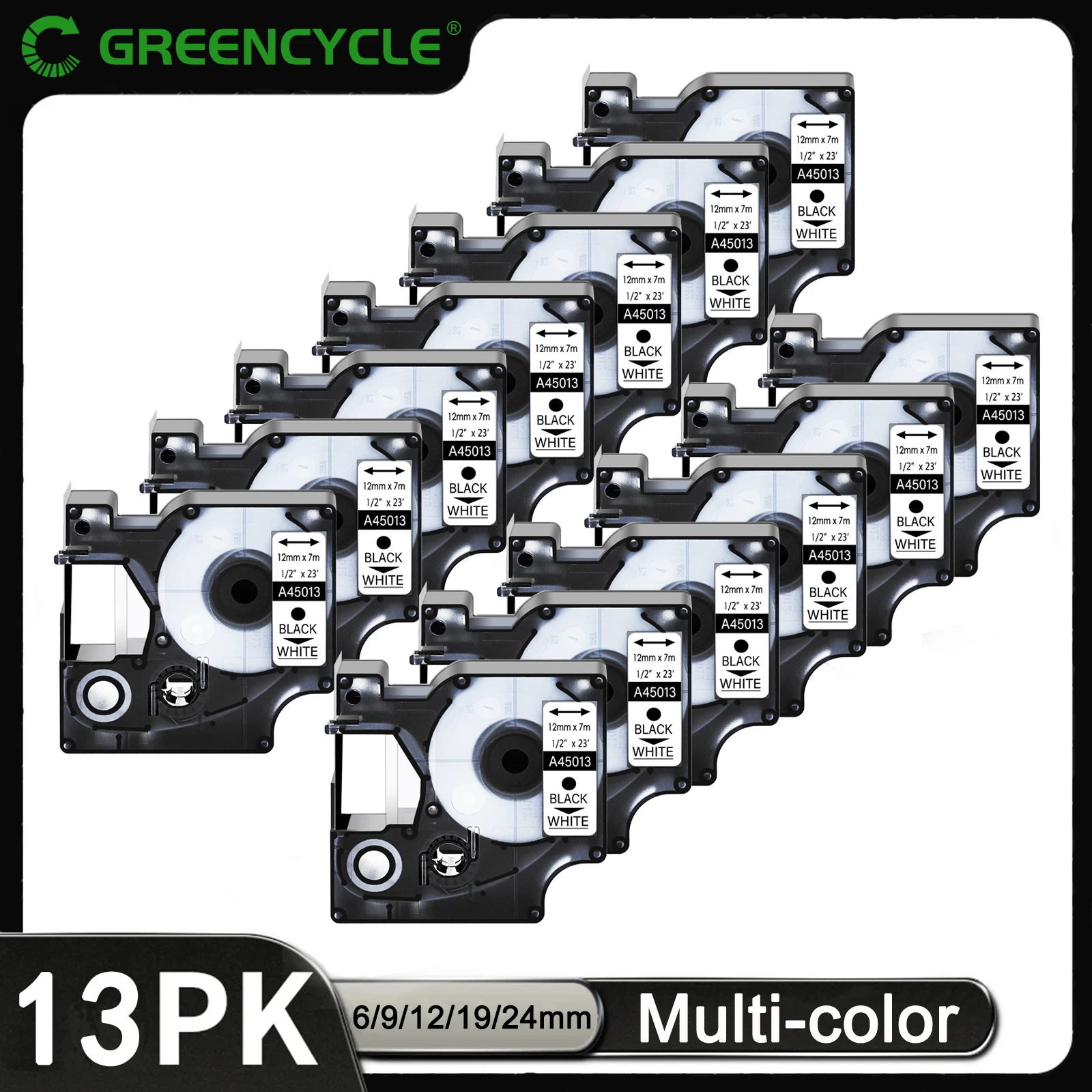 13PK 6/9/12mm Labels for Dymo D1 Tape 45013 45010 45803 Black on White Compatible for LabelManager 160 280 LabelPoint Printers