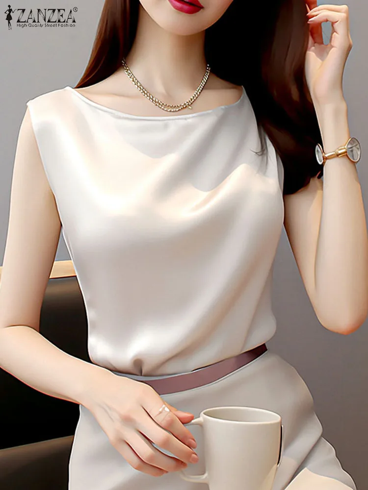 

ZANZEA 2025 Summer Vintage Tunics Elegant Satin Tank Women Fashion Round Neck Sleeveless Tank Tops Office Lady Solid Party Camis