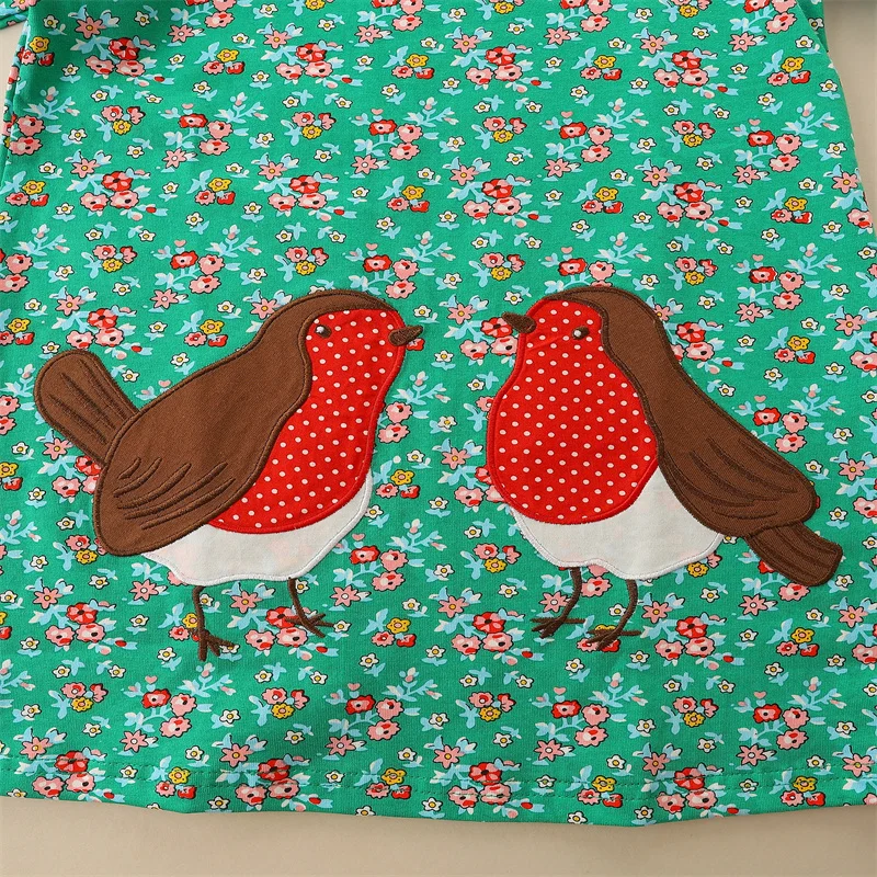 Jumping Meters 2-7T Girls Dresses Birds Applique Autumn Spring Children\'s Party Girls Clothing Long Sleeve Floral Kids Frocks