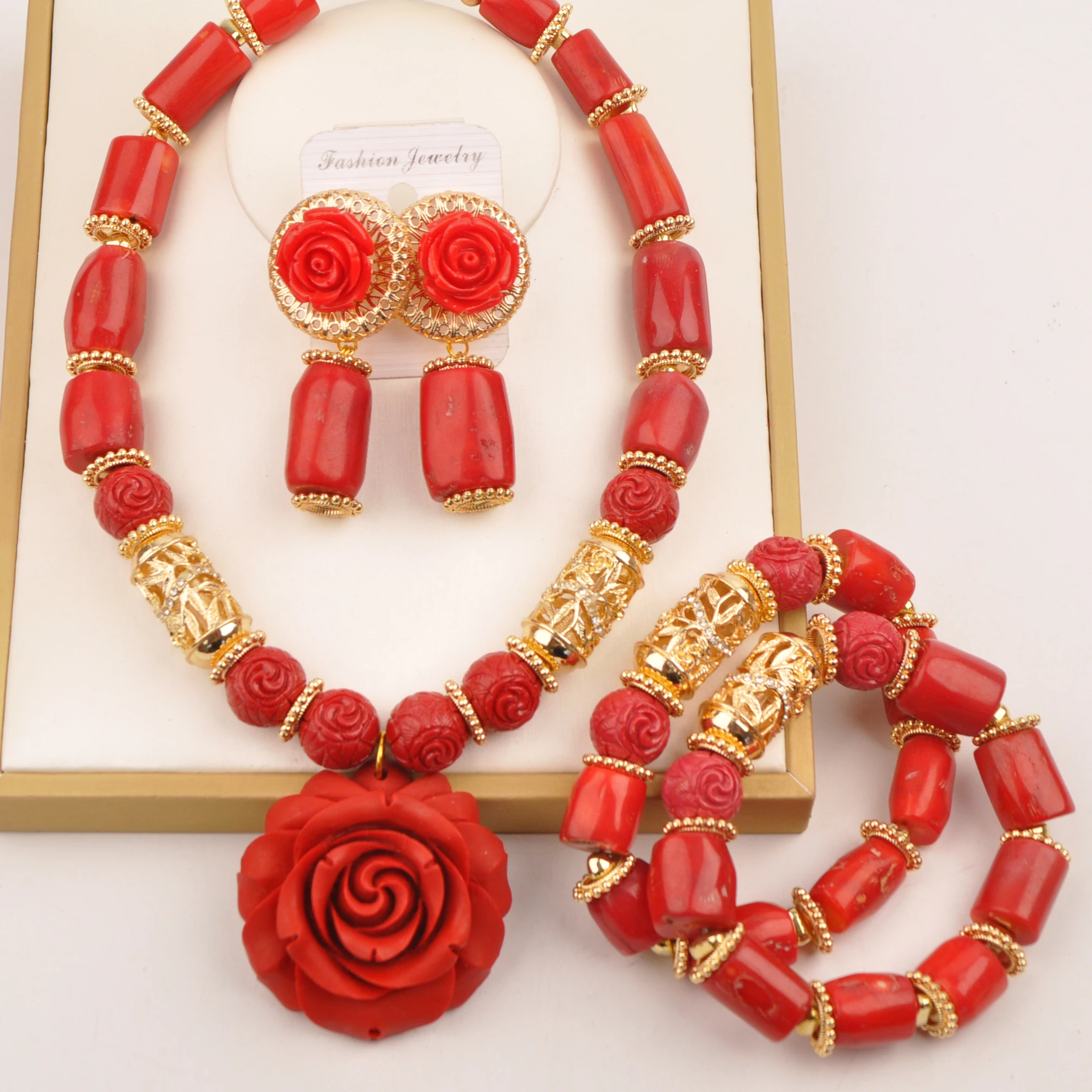 

Flower pendant natural red coral jewelry set for nigerian wedding