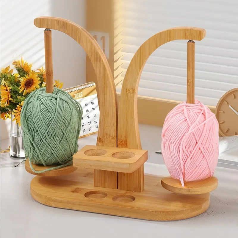 Dual Spindle Wooden Yarn Holder with Support Bracket Rotatable Magnetic Levitation Wool Rack Household Thread Stand for Hand