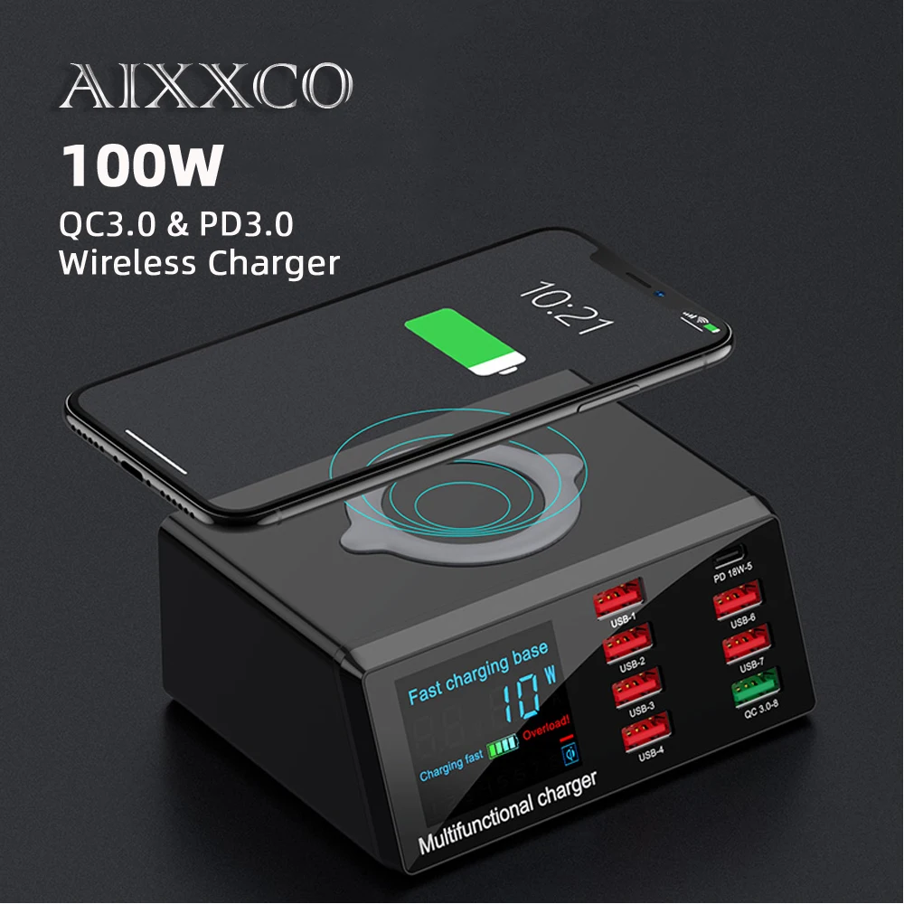 AIXXCO USB 충전기 스테이션, 무선 충전, 아이폰 삼성 샤오미 PD 충전기, 8 포트 100W, QC3.0 PD3.0 급속 충전 