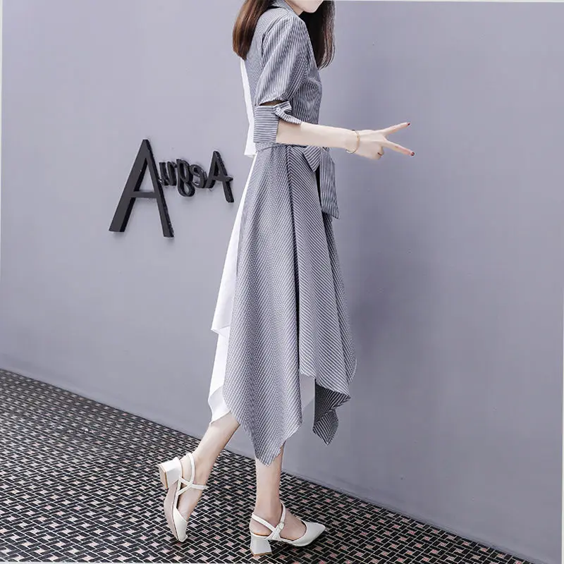 Falda acampanada con cinturón y cuello vuelto para mujer, vestido elegante de gasa Imperio de Color sólido, ropa Simple de retazos de verano, estilo