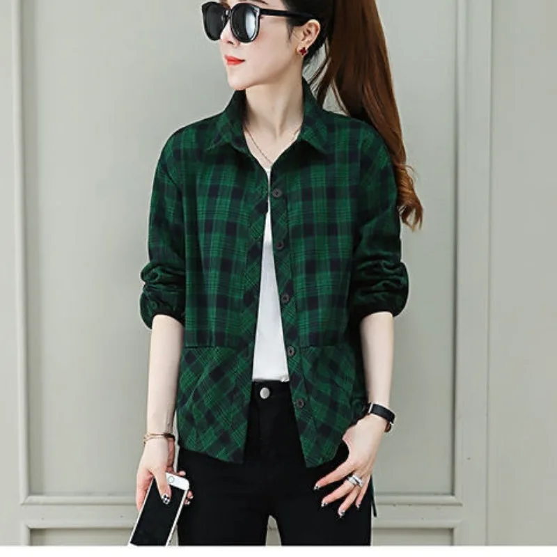 Spring and Autumn Women's Checkered Cardigan Polo Button Long Sleeve Shirt Lantern Sleeve Shirt Fashion Loose Casual Coat Tops