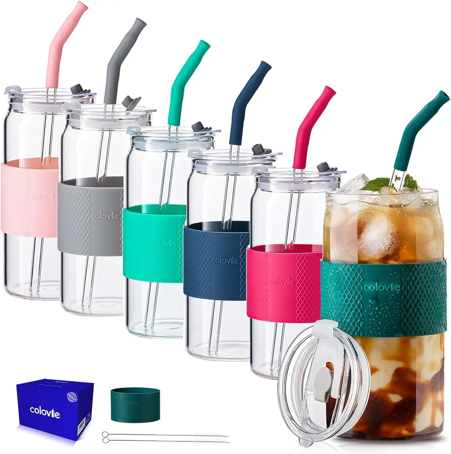 

Drinking Glass Cups with Lids and Glass Straws 6pc Set-16oz Travel Glass Tumbler Cup with Silicone Protective Sleeve, Ic