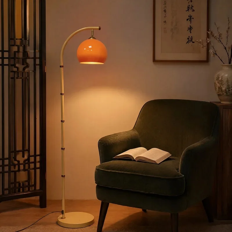 Vintage Bamboo Shape Arc Floor Lamp Orange Dome Metal Shade Adjustable Standing Reading Lamp For Living Room Bedroom Home Decor