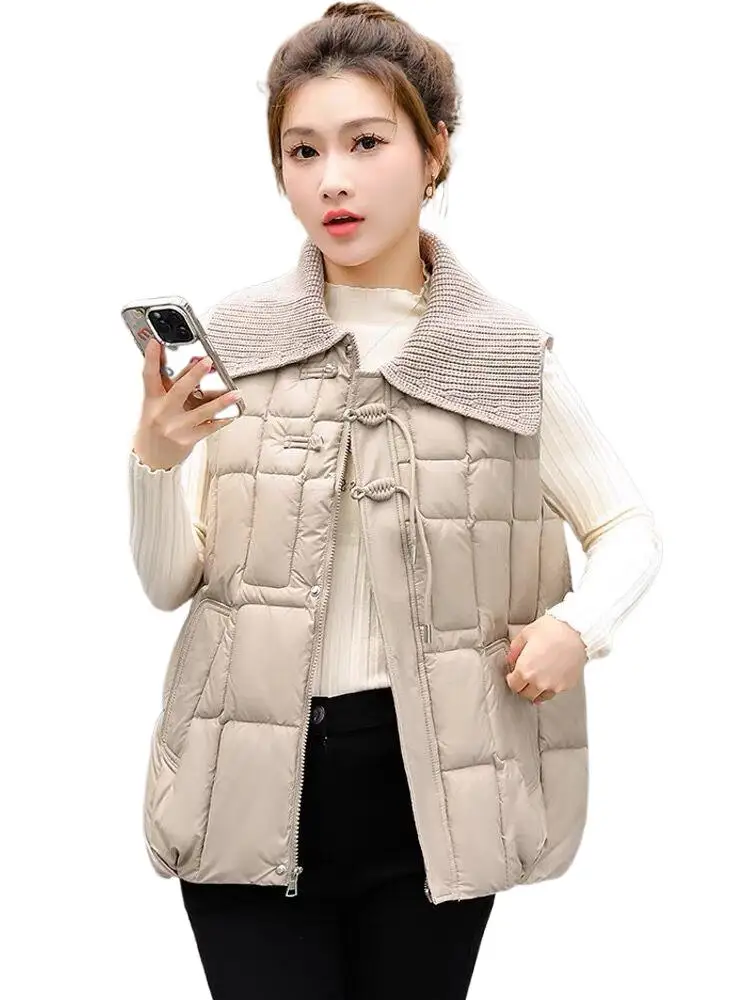 

Autumn Winter New Feminine Knit Big Lapel Ultra Light Down Vests Hot Selling Portable Sleeveless Solid Cotton-Padded Waistcoat