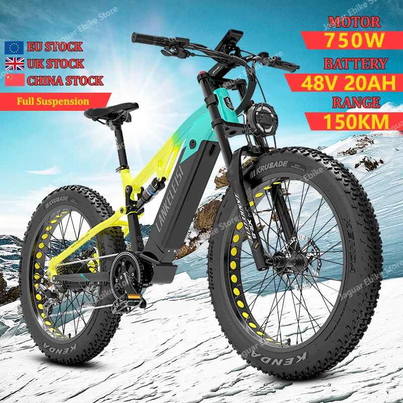 

Full Suspension Electric Bicycle 48V 20AH 750W 26*4.0 Inch Fat Tire Mountain Snow for Aldults Ebike Waterproof Electric Bike