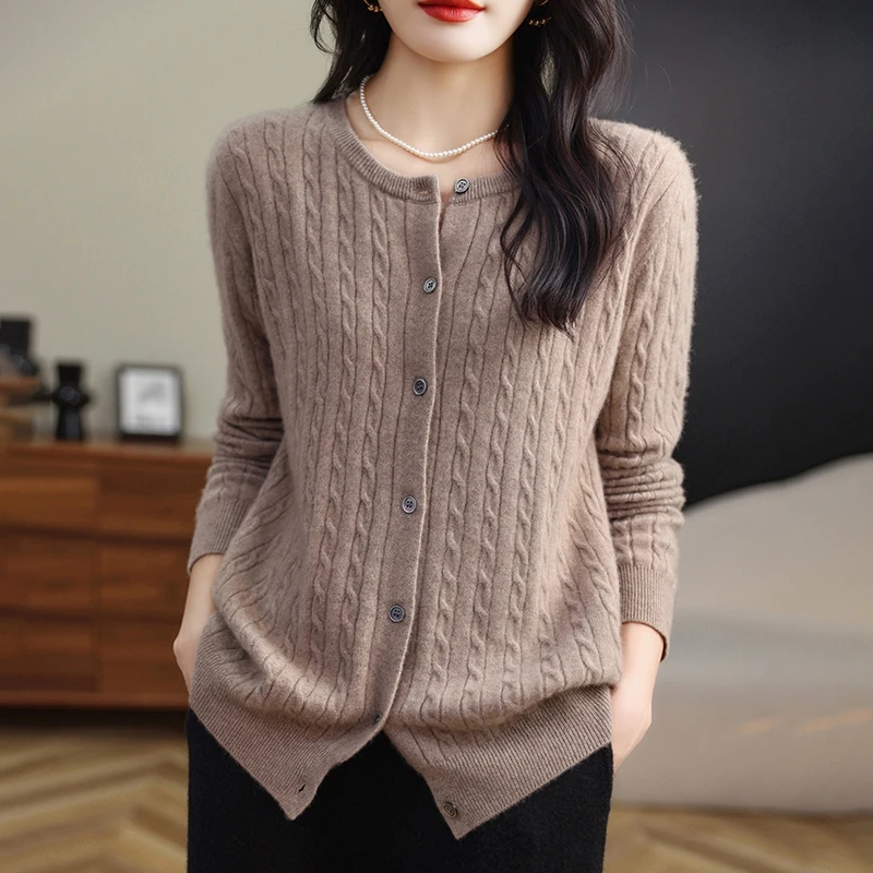 

Spring And Autumn Temperament Joker Solid Color Wool Sweater Women's Round Neck Twist Cardigan Sweater Jacket