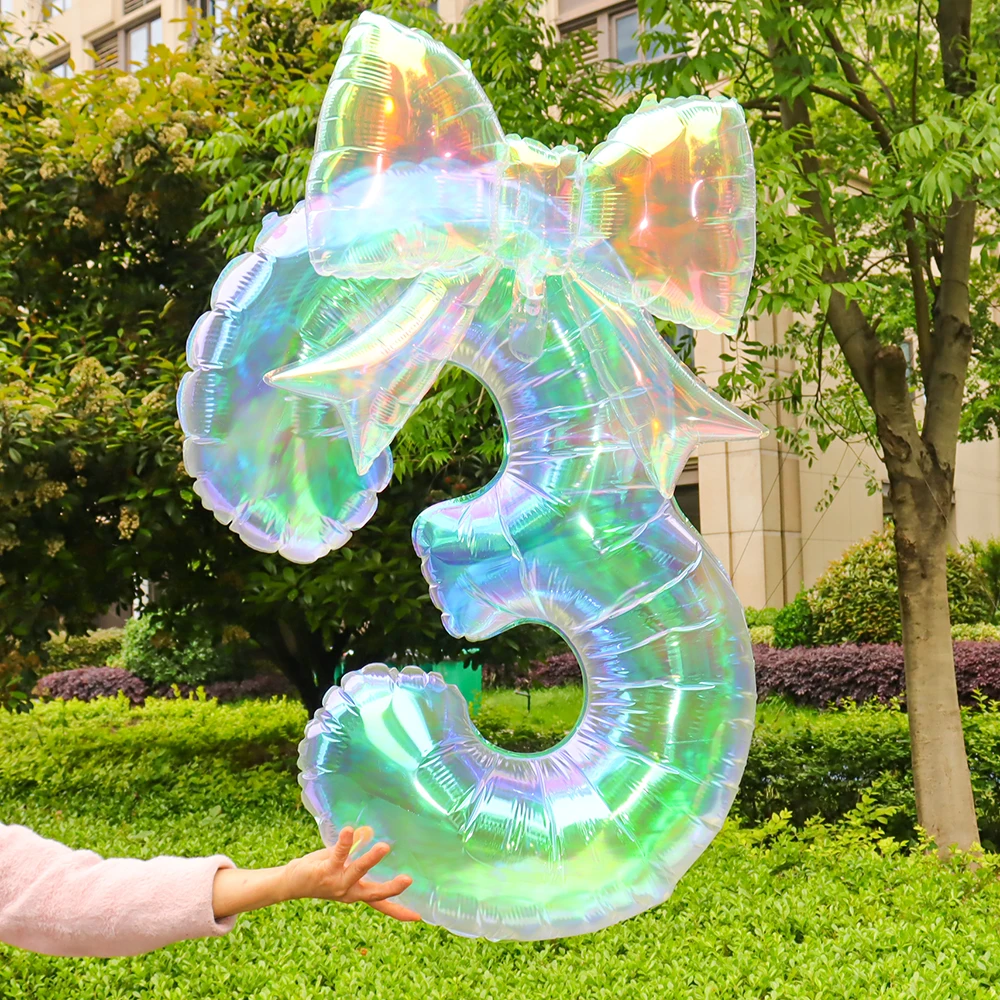 

40Inch Rainbow Iridescent Transparent Number Balloons with Bowknot Balloon For Wedding Kids Adults Birthday Party Decorations