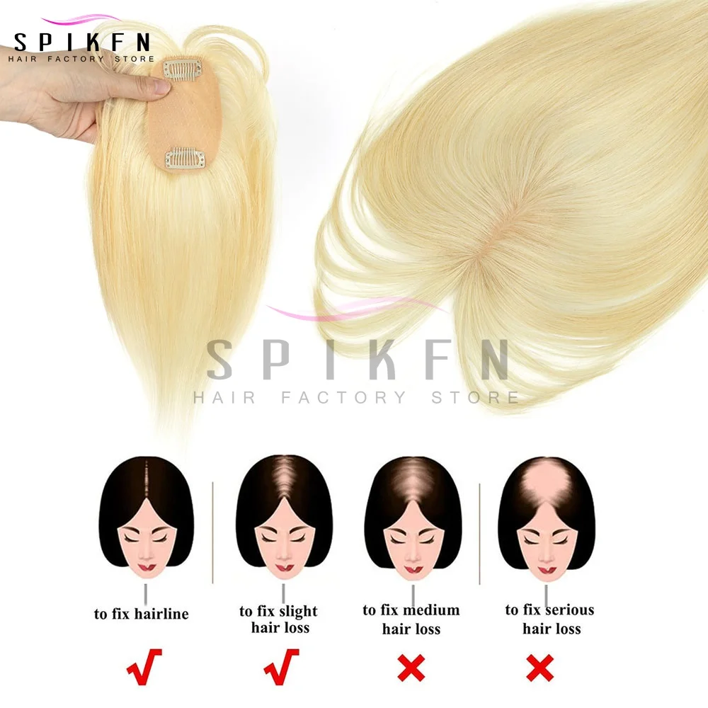 SPIKFN 5x9cm 실제 인간의 머리카락 토퍼 8 "-14" 천연 스트레이트 탑 헤어피스 금발 갈색 머리 토퍼 중간 부분 (Bangs 포함)