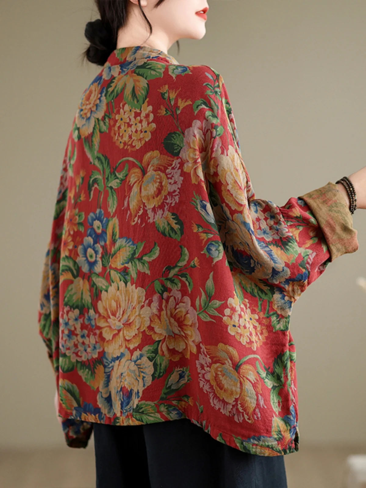 بلوزة نسائية فضفاضة كبيرة الحجم بنمط صيني تقليدي، قميص ربيعي جديد من القطن والكتان مع أزرار وطباعة #2