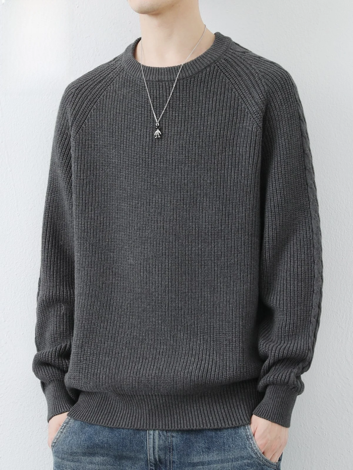 

Мужской вязаный свитер Hine Waable с круглым вырезом, базовый слой, однотонный, из мягкой хлопковой смеси, повседневный осенний топ