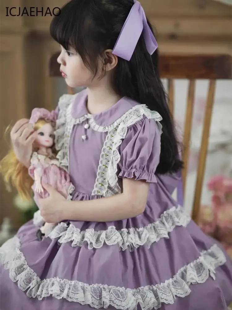 2025 Purple Fancy Children Girl Lace Princess Dress Puff Sleeves Cotton Kid Clothing with Tie Straps Doll Collar Outfit