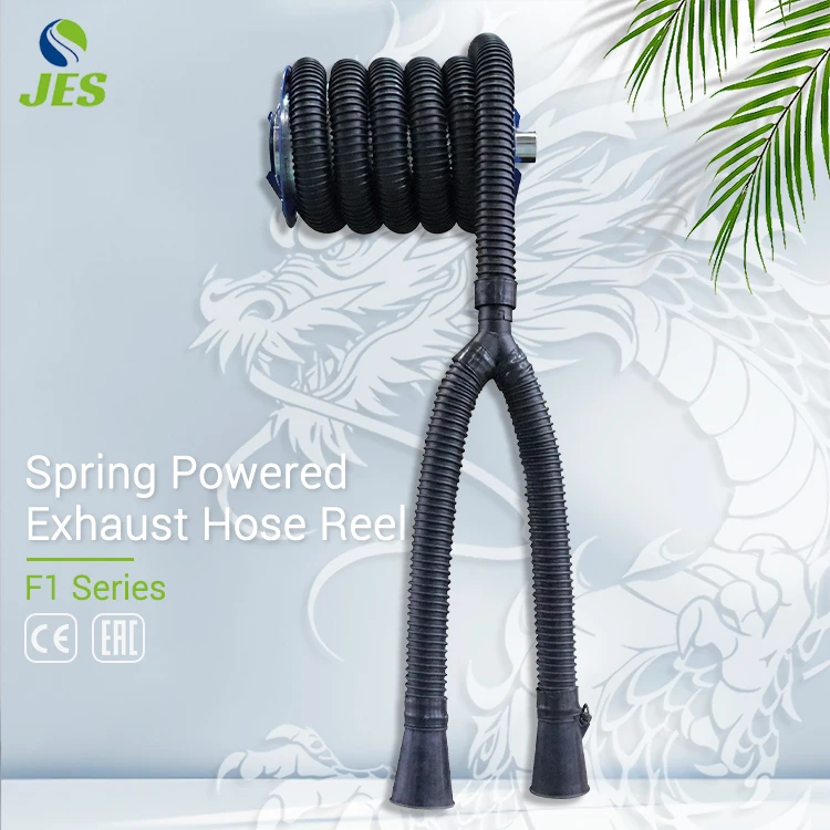 Dual Pipe Ends Exhaust Hose Reel Spring Vehicle Extraction