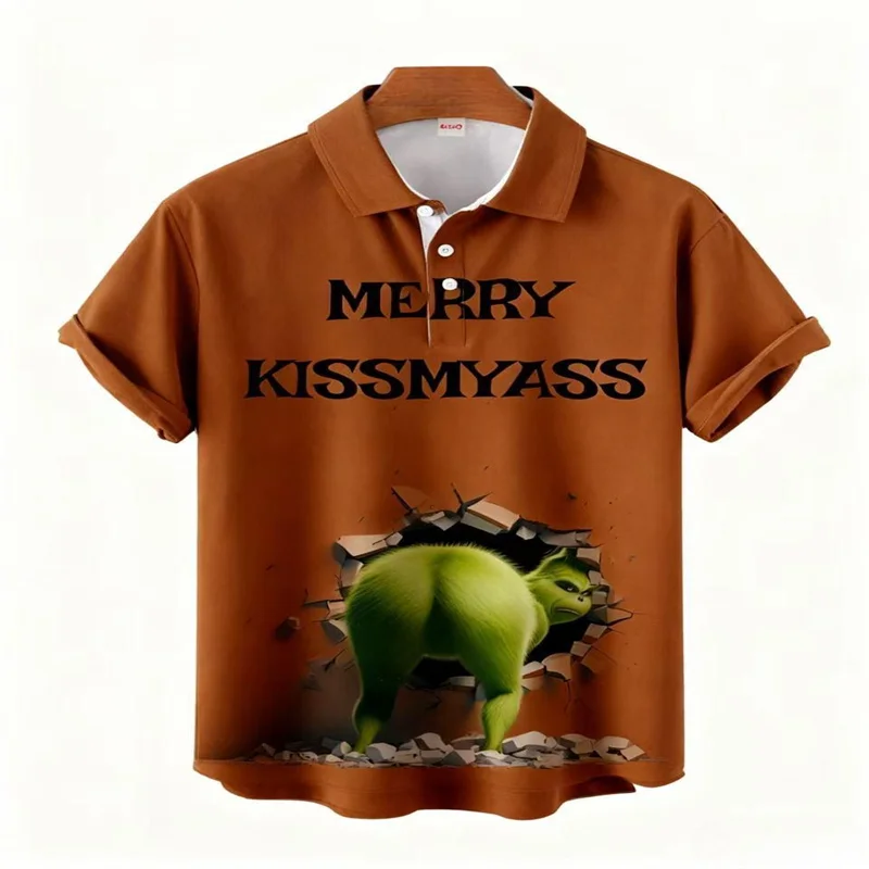 2025Merry Kissmyass Fun Christmas Green قميص قصير الأكمام مطبوع قميص بولو عصري ومريح