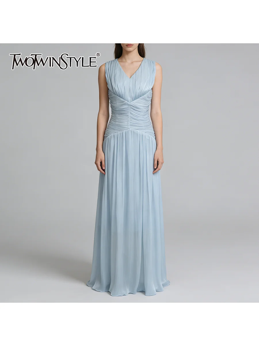 

TWOTWINSTYLE Spliced Folds Solid Dresses for Women V Neck Sleeveless High Waist Elegant Tunic Dress Female Fashion Clothing 2026