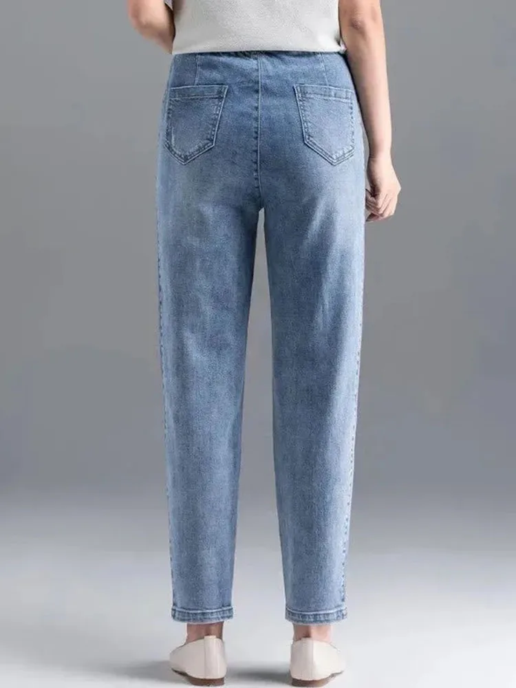 Calça jeans larga com cintura alta para mulheres, harém jeans com comprimento no tornozelo, calça azul larga, spodnie casual, primavera e verão, 80kg