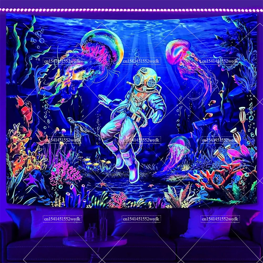 Black Light Under The Sea Tapestry UV Reactive Trippy Astronaut Jellyfish Wall Tapestry Neon Aesthetic Home Decor Party Backdrop