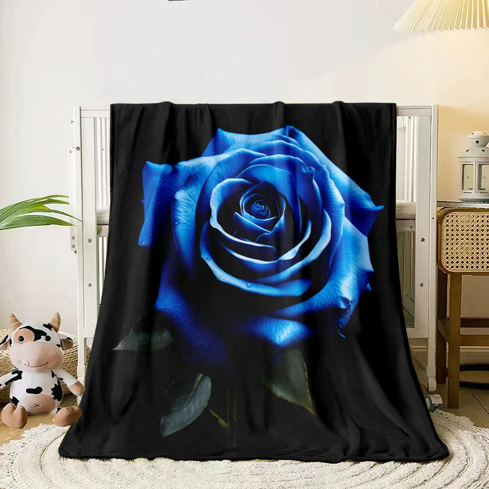 Blue Rose Black Background Flannel Blanket Elegant Flower Design Soft Cozy Throw Blanket for Romance Bedroom Decor Gift