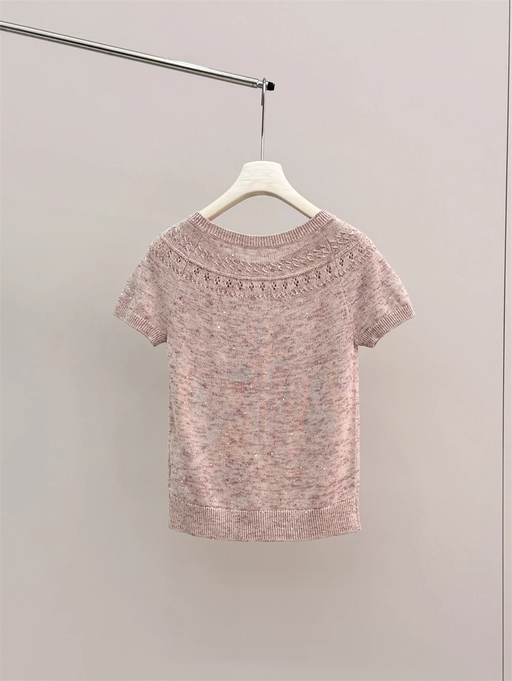 26 New Summer Women's Pink Linen Cotton Sequined Knit Sweater Stylish Simple Top