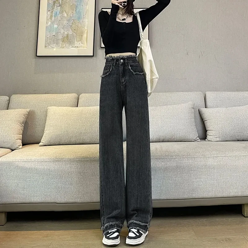 Women Fashion High Waisted Make Jeans Ladies Burr Edge Straight Cylinder Denim Pants Female Loose Fit Wide Legs Cowboy Trousers