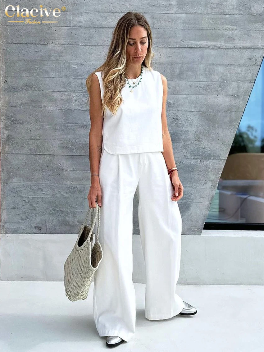 Clacive Summer Loose White 2 Piece Sets Women Outfit 2024 Casual Sleeveelss Tank Top With High Waist Wide Pants Set Streetwear