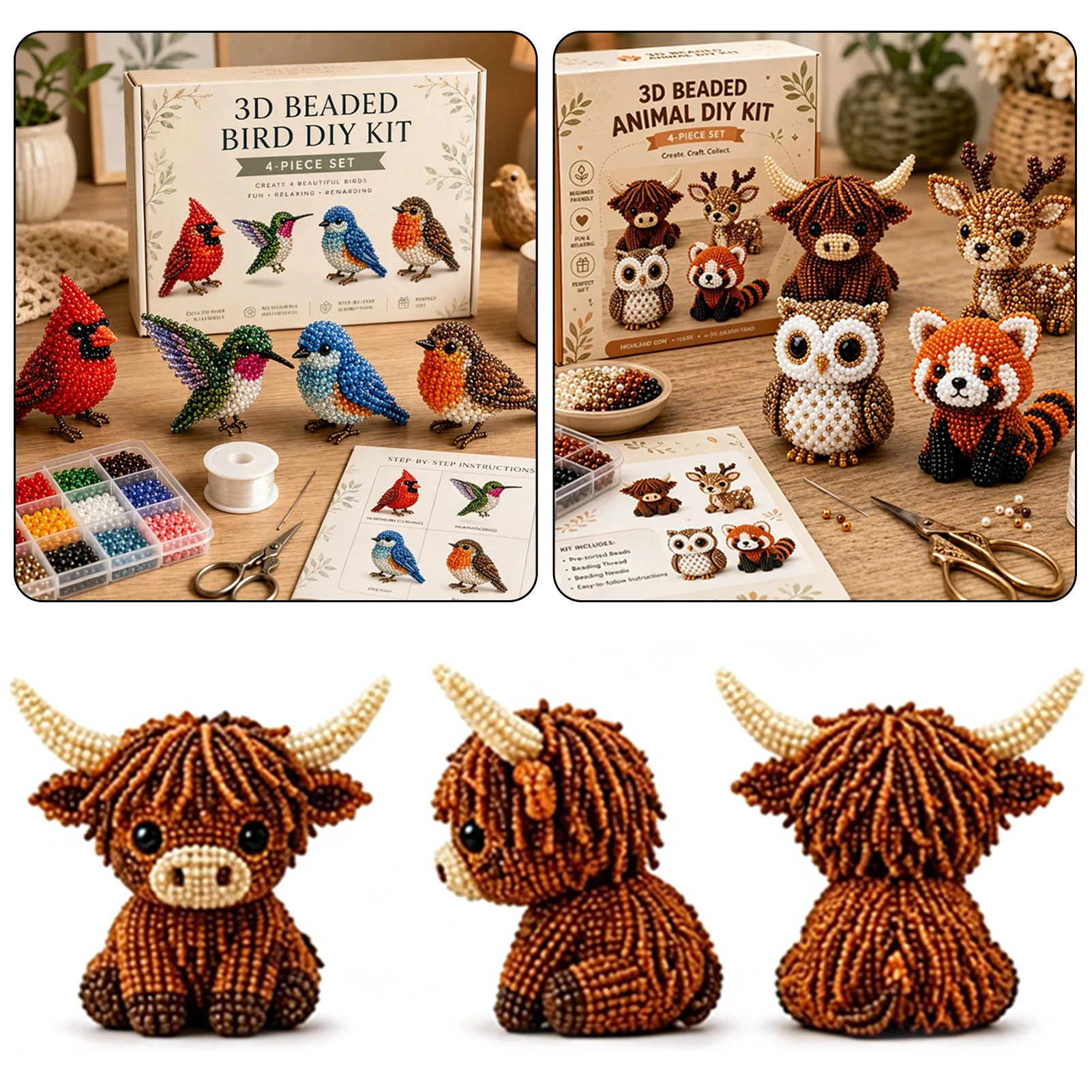 Handmade DIY Animal Bead Set,3D Beaded Animal Craft Kit,Bead Pet Keychain Making Kit,Rainy Day Indoor/Family Bonding Activities