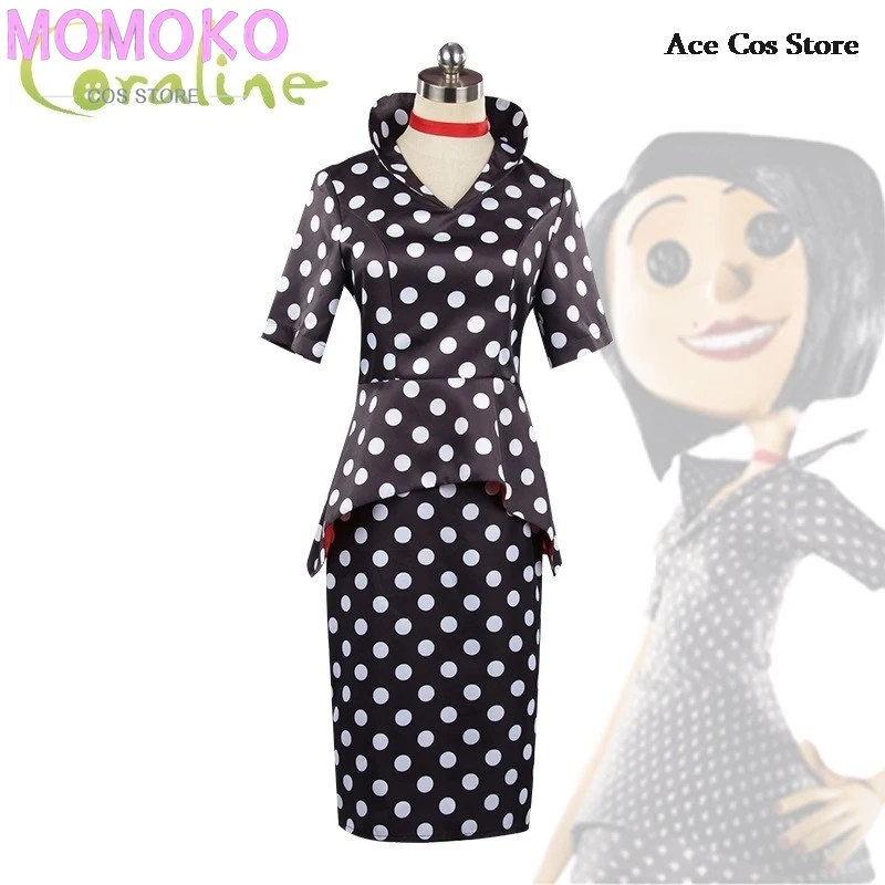 Horror Fairytale Movies Coraline Mother Cosplay Costume Wig Polka Dress Secret Adult Halloween Party Scary Roleplay Suit