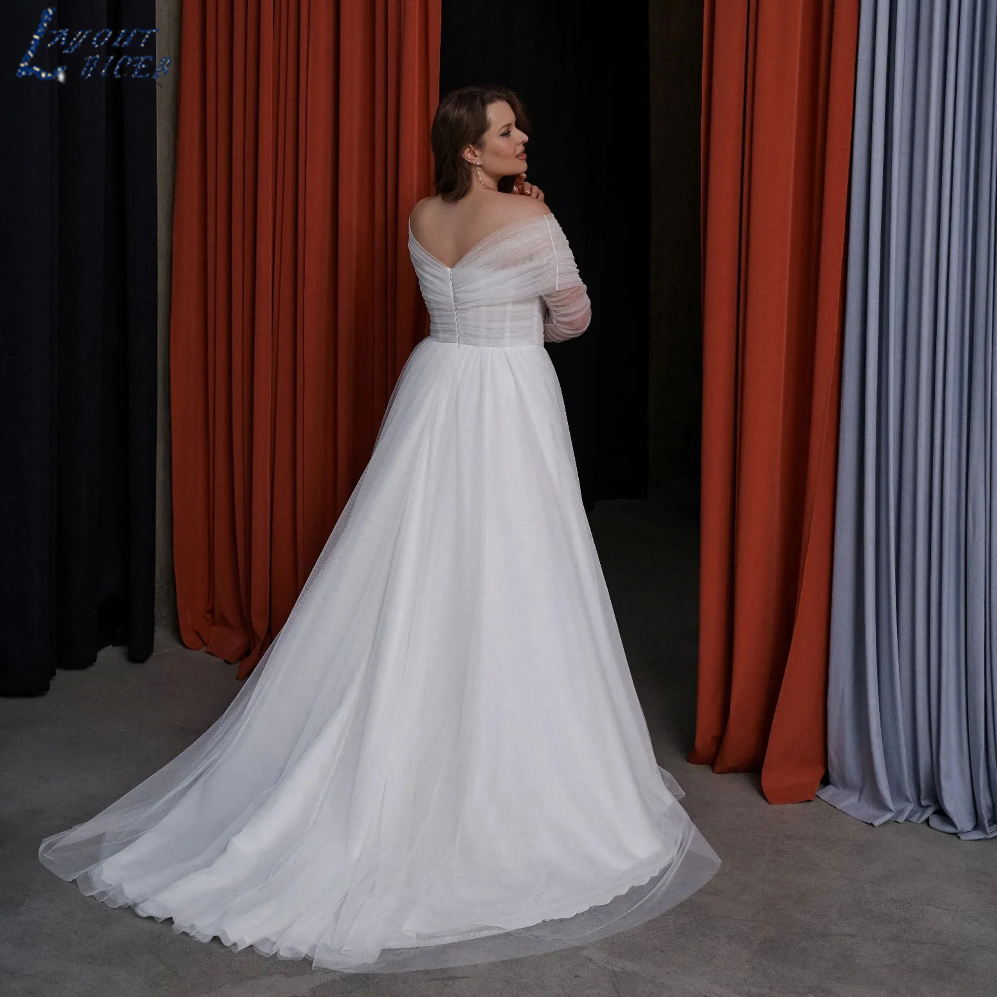 LAYOUT NICEB Plus Size Wedding Dress Off-Shoulder Long Sleeves A-Line Bride Gown Simple A-Line Tulle vestido de novia Customized