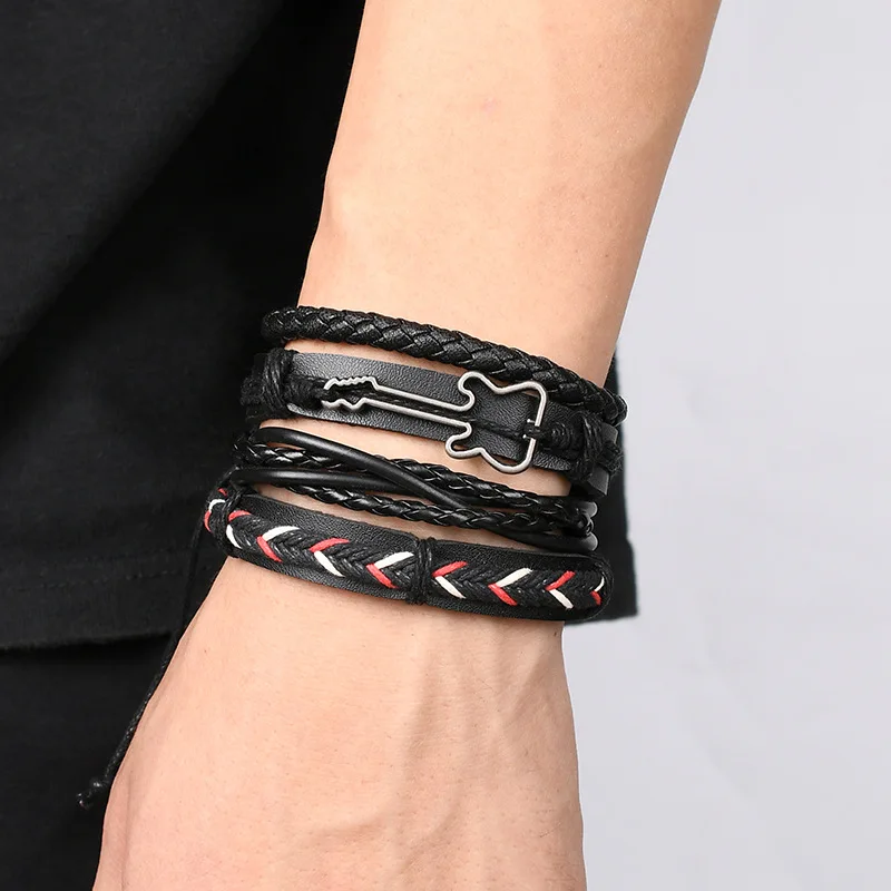 Vintage Leather Bracelet For Men Bracelet Rock Hip Hop Woven Four Piece Cowhide Handicraft Simple Handrope Jewelry For Men