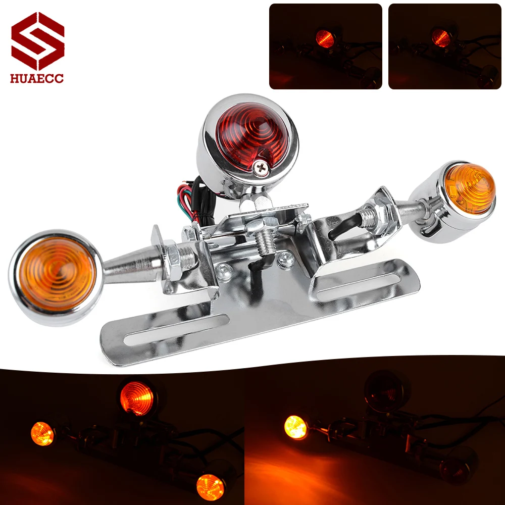 Chrome Black Motorcycle LED License Plate Holder Taillights Tail Light Turn Signals for Chopper Bobber Scrambler