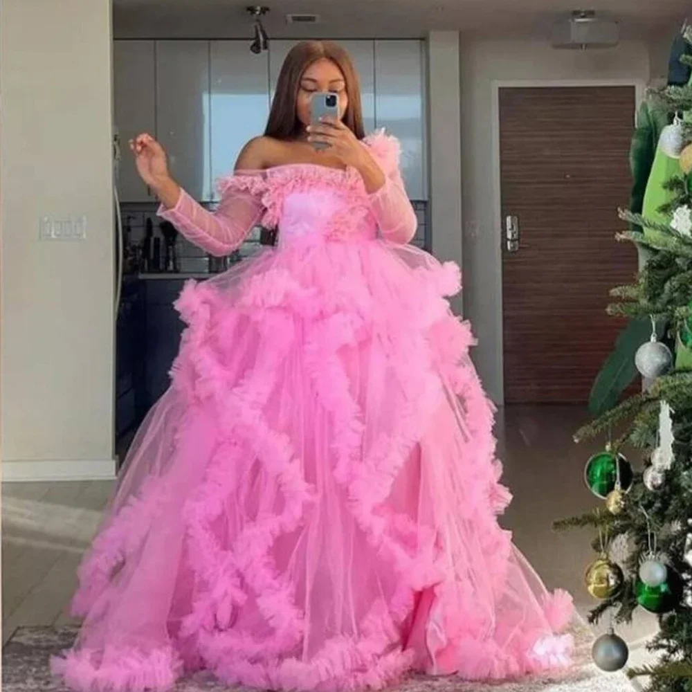 Customized Tiered Ruffled Bridal Dresses Off Shoulder Lace Tulle Fluffy Sexy Gown Wedding Party Prom Dress