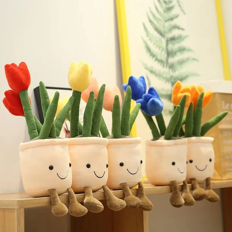 Lifelike Tulip Plant Plush Soft Stuffed Toy Potted Flower Home Living Room Decor Girls Gift Realistic Bookshelf Decoration