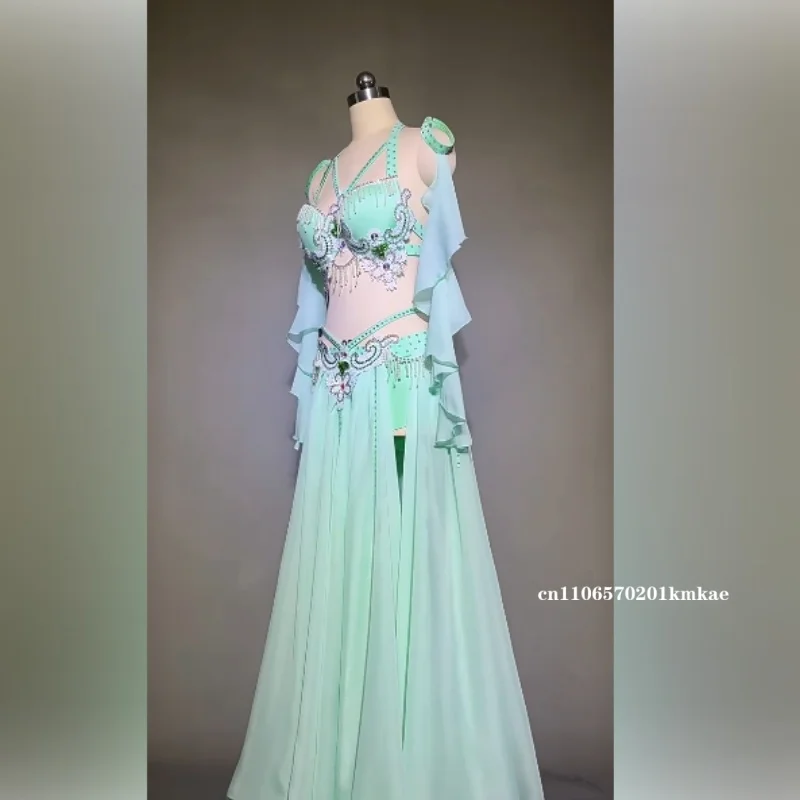 

Elegant Mint Green Beaded Belly Dance Dress Set - Sheer Ruffle Sleeve Top & Flowing Chiffon Skirt for Performance & Practice