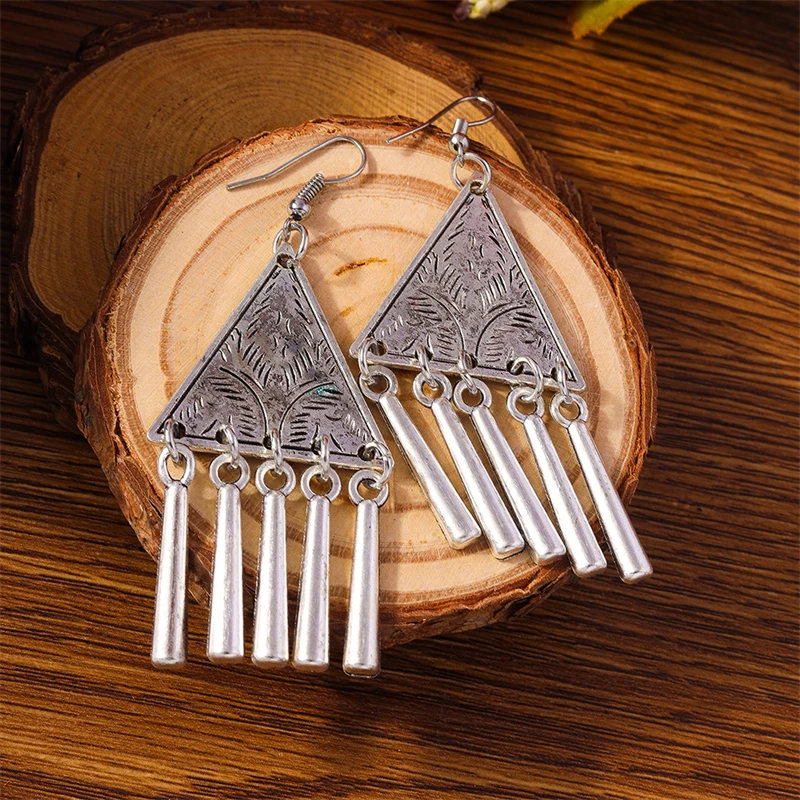 Ethnische Legierung Dreieck Quaste Tropfen Ohrringe für Frauen Mädchen Party Festival Schmuck Geschenke – Detail 3