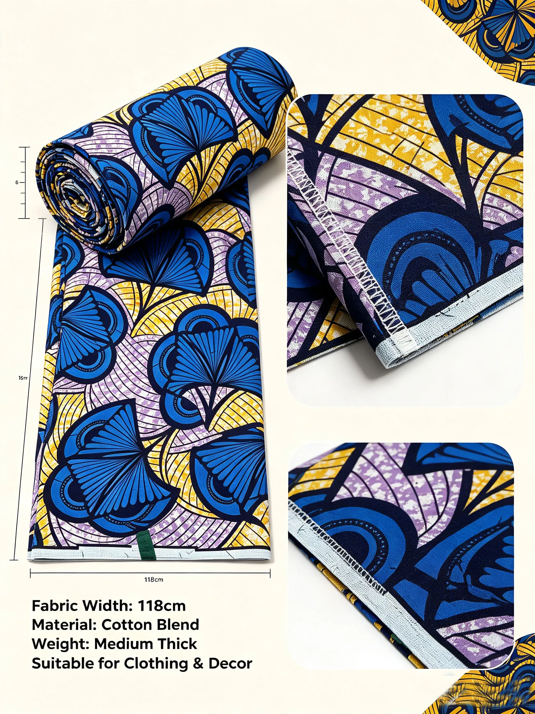New African Ankara Wax Print Fabric 6 Yards 100% Cotton Blue Yellow Ginkgo Leaf Batik Cloth For Women Dress Sewing view 5