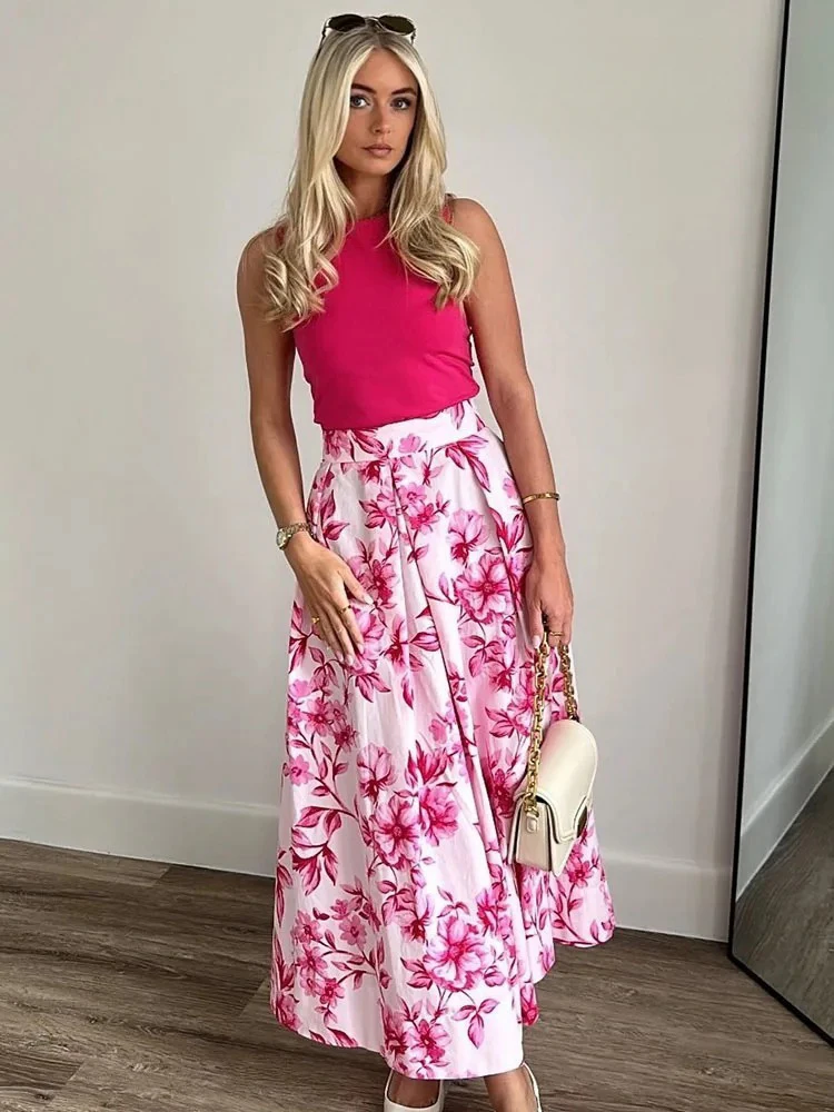 ZABA Women\'s Pink Floral Printed Casual Long Skirt Vintage Fashion Sweet Pleated Skirt High Waist Zip Slim Half-body Skirt