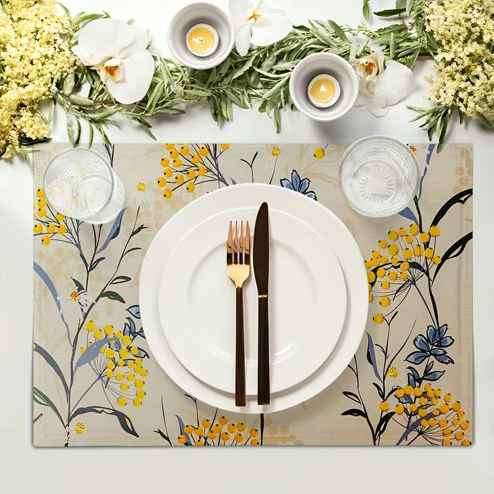 European Vintage Floral  Placemat, Yellow & Blue Flowers, Non-Slip Heat-Resistant, Easy Clean, for Kitchen & Dining Table