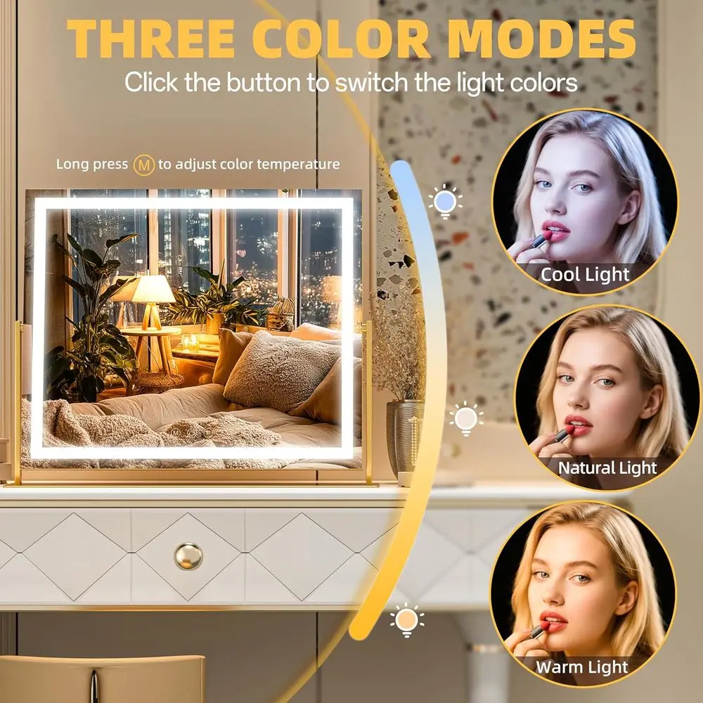 Miroir de courtoisie éclairé par 26 LED, lumière 3 couleurs à écran tactile, luminosité réglable, miroir de bureau carré doré