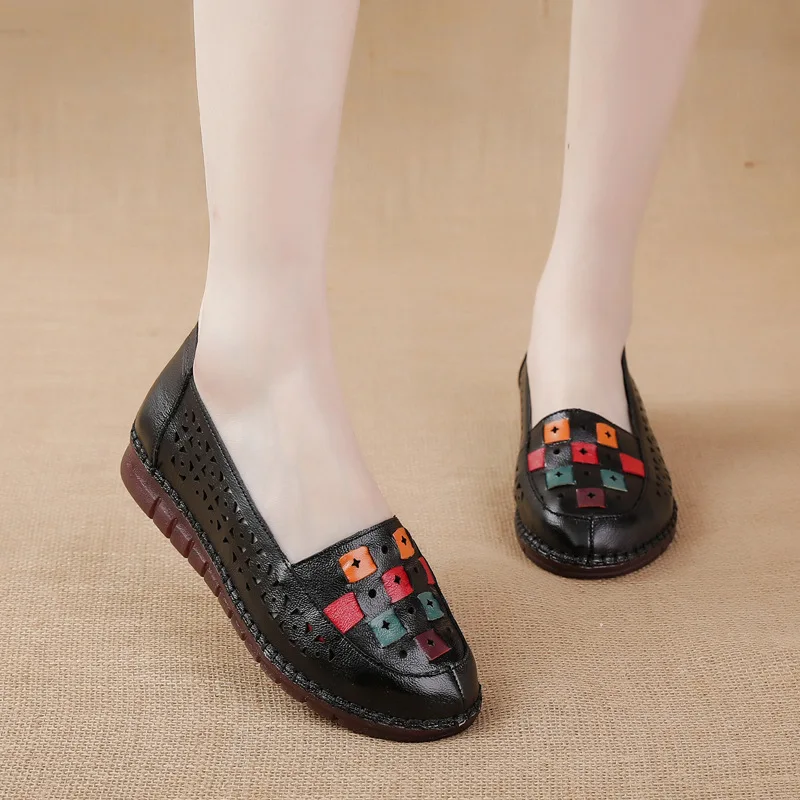 2024New Tendon-Soled Flat-Soled Women Shoes Ethnic Style Color-Blocked Genuine Leather Hollow Sandals For Monther Flat Shoes