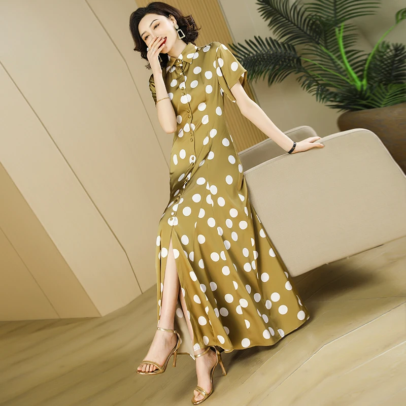 New Summer Women Long Dress Printed Dot Short Sleeves Girls Buttons Vintage Single Breasted Slim Waist Bodycon Dress